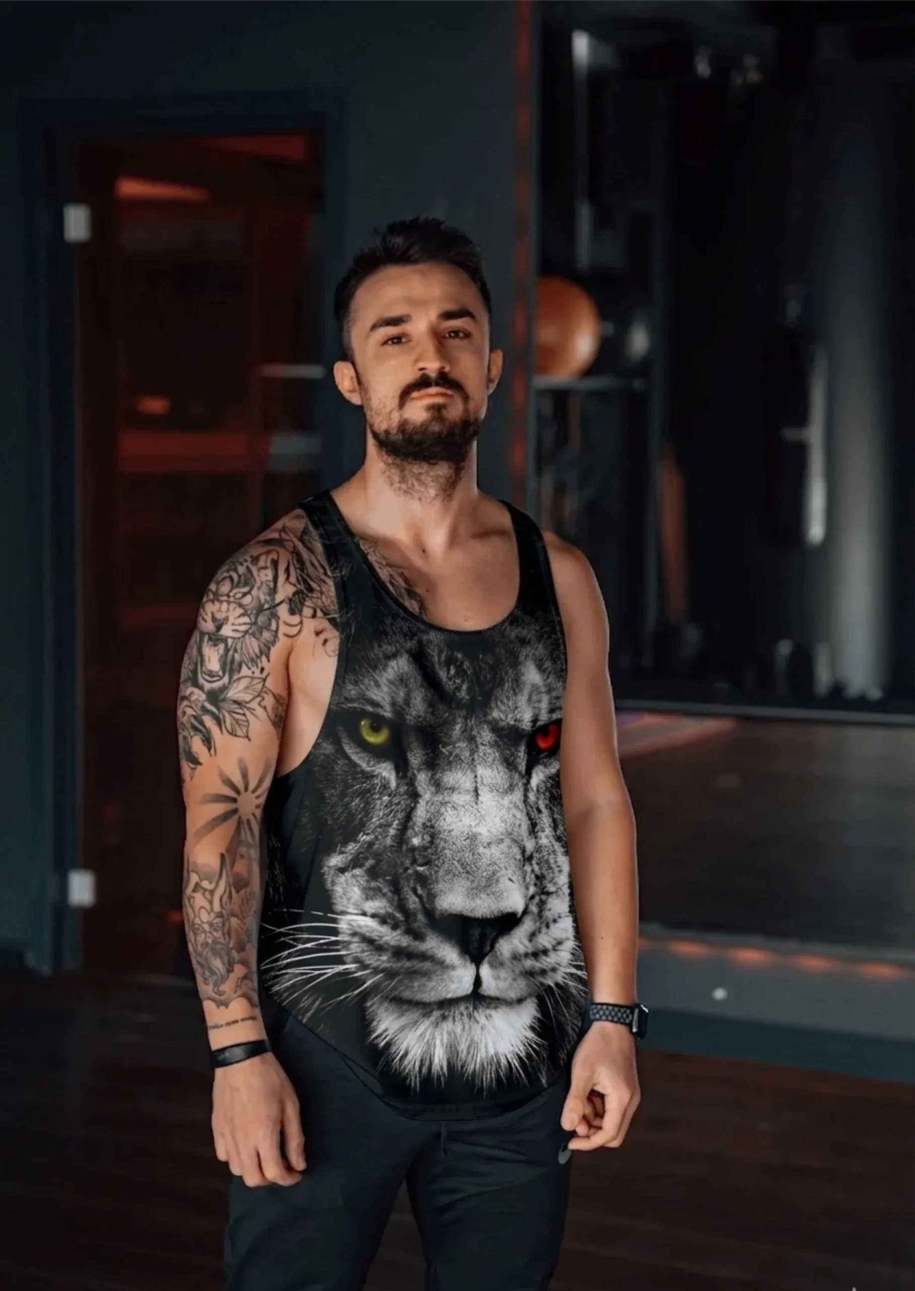 Sarı Kırmızı Aslan Gym Fitness Tank Top Sporcu Atleti